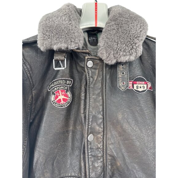 Gipsy Mens Leather Aviator Jacket Sherpa Collar Patches mens large - Picture 6 of 11